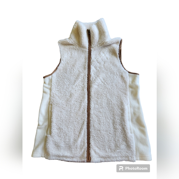 CHAPS size Large winter white fleece vest trimmed in a camel brown. - Picture 1 of 9